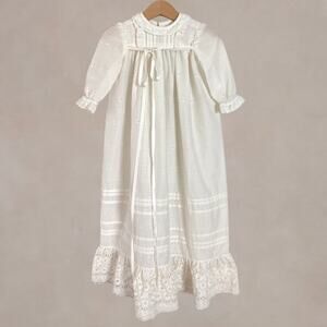 Vintage 80s Baby Christening Baptism Gown Ivory Eyelet Lace Long Dress 6-12M